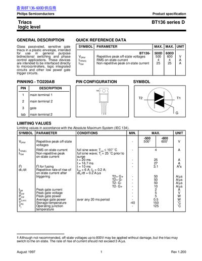 Philips Semiconductors BT136 Series D Triac Product Specification