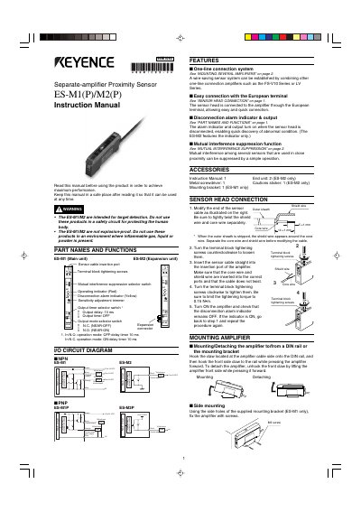 KEYENCE ES-M1/M2 Proximity Sensor Instruction Manual - cover page