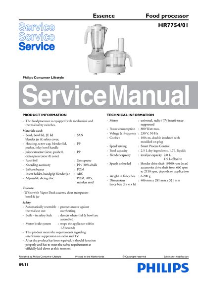 Philips HR7754/01 Food Processor Service Manual - cover page