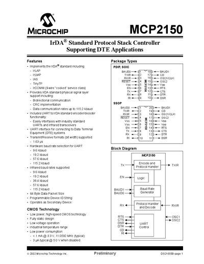 Microchip MCP2150 IrDA Protocol Stack Controller User Manual - cover page