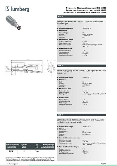 Lumberg NEB 1 Power Supply Connectors DIN 45323 Handbook - cover page