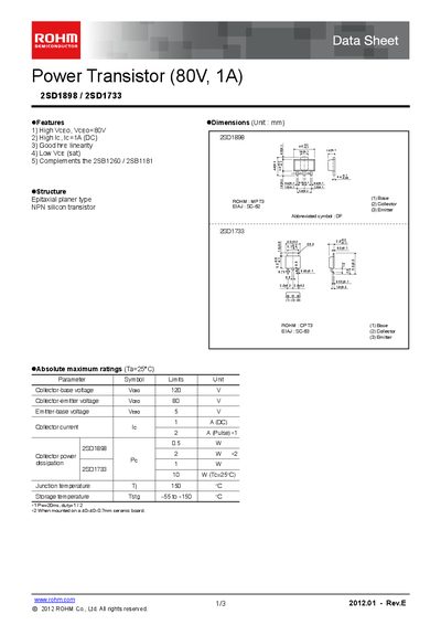 ROHM 2SD1898 / 2SD1733 Power Transistor Datasheet - cover page