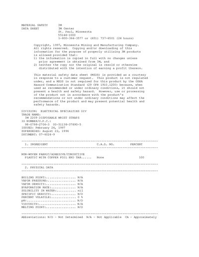 3M 2209 Disposable Wrist Straps Material Safety Data Sheet - cover page