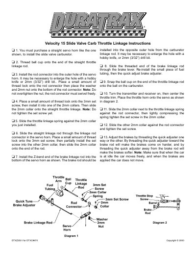 Duratrax Velocity 15 Slide Valve Carb Throttle Linkage Instructions - cover page
