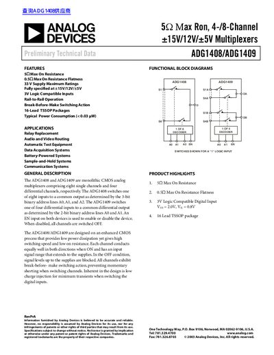 ANALOG DEVICES ADG1408/ADG1409 5 &Mu;ax Ron 4-/8-Channel &plusmn;15V/12V/&plusmn;5V Multiplexers handbook