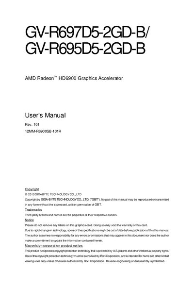 Gigabyte GV-R697D5-2GD-B / GV-R695D5-2GD-B AMD Radeon HD6900 Graphics Accelerator User Manual - cover page