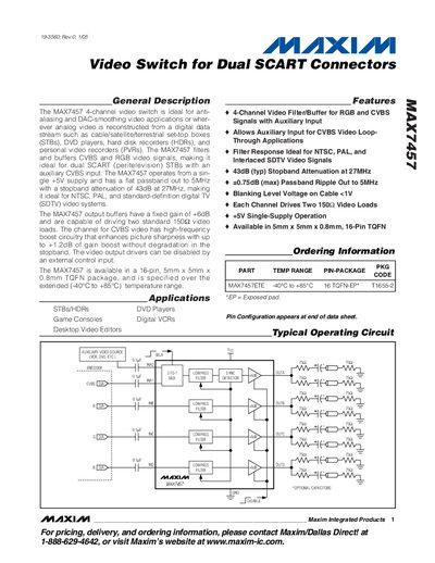 Maxim MAX7457 Video Switch Datasheet - cover page