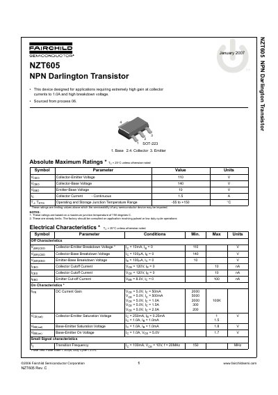 Fairchild NZT605 NPN Darlington Transistor Datasheet - cover page