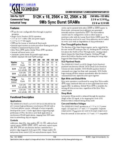 GSI TECHNOLOGY GS88018/32/36AT-250/225/200/166/150/133 512K x 18 256K x 32 256K x 36 9Mb Sync Burst SRAMs