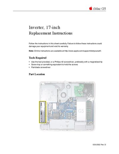 Apple iMac G5 17-Inch Inverter Replacement Instructions - cover page