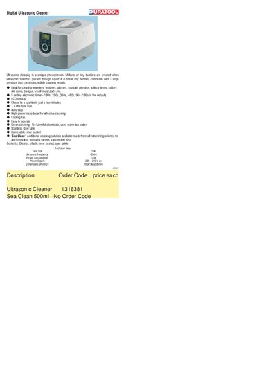 Duratool Digital Ultrasonic Cleaner Product Leaflet - cover page