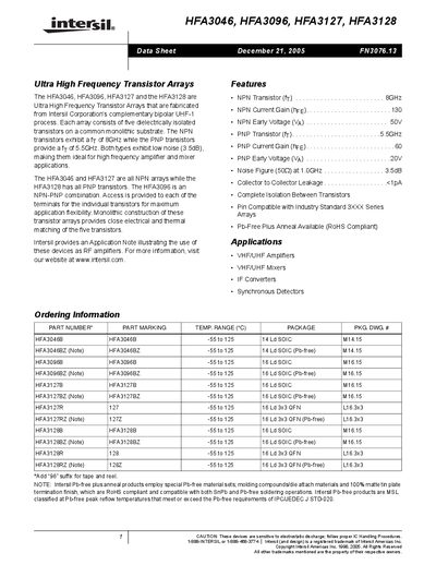 Intersil HFA3046/HFA3096/HFA3127/HFA3128 Ultra High Frequency Transistor Array Datasheet - cover page