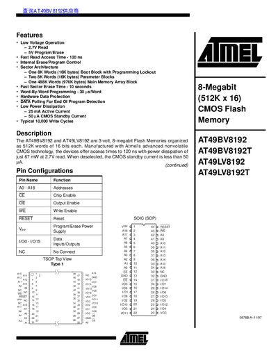 ATMEL AT49BV8192 AT49BV8192T AT49LV8192 AT49LV8192T DATA SHEET - cover page