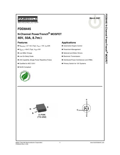 Fairchild FDD8445 N-Channel PowerTrench MOSFET Datasheet - cover page