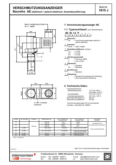 INTERNORMEN AE Series Dirt Indicator Data Sheet - cover page