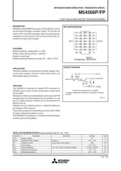 Mitsubishi M54566P/FP Darlington Transistor Array Datasheet - cover page
