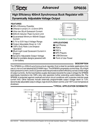 Sipex SP6656 400mA Synchronous Buck Regulator Datasheet - cover page