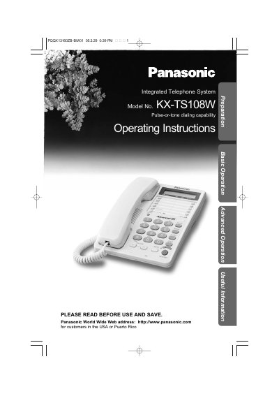 Panasonic KX-TS108W Integrated Telephone System Operating Instructions - cover page
