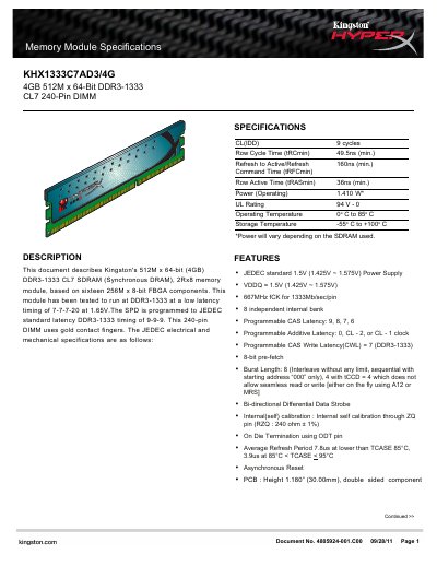 Kingston KHX1333C7AD3/4G DDR3-1333 CL7 4GB Memory Module Datasheet - cover page