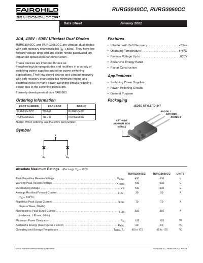 Fairchild Semiconductor RURG3040CC/RURG3060CC Ultrafast Dual Diodes Datasheet