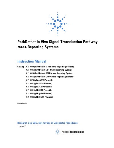 Agilent Technologies PathDetect In Vivo Signal Transduction Pathway trans-Reporting Systems Instruction Manual - cover page