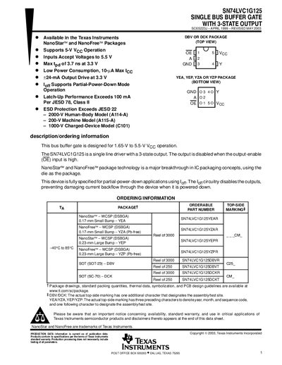 Texas Instruments SN74LVC1G125 Single Bus Buffer Gate with 3-State Output Datasheet - cover page
