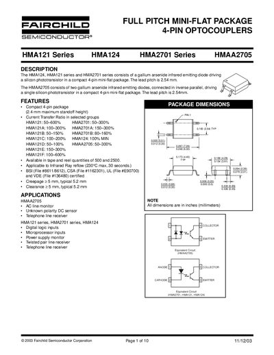 FAIRCHILD HMA121 Series HMA124 HMA2701 Series HMAA2705 FULL PITCH MINI-FLAT PACKAGE 4-PIN OPTOCOUPLERS - cover page