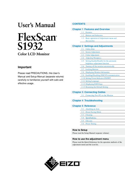 EIZO FlexScan S1932 Color LCD Monitor User Manual - cover page