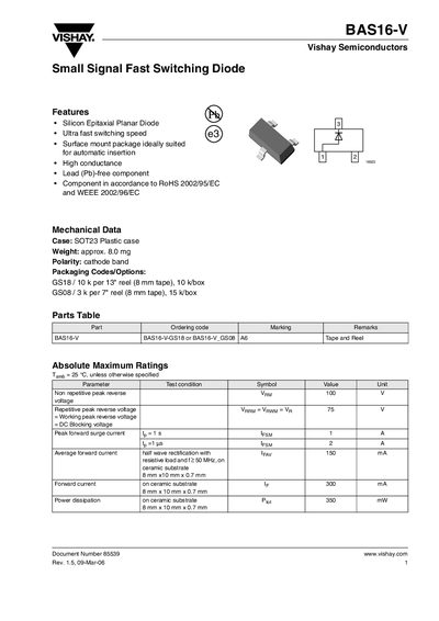 Vishay BAS16-V Small Signal Fast Switching Diode Datasheet - cover page