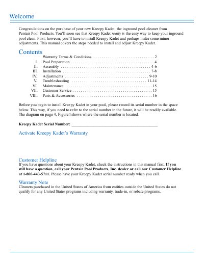 Pentair Kreepy Kadet Inground Pool Cleaner Installation Manual - cover page