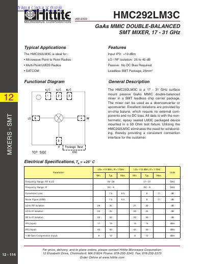 Hittite HMC292LM3C GaAs MMIC Mixer Datasheet