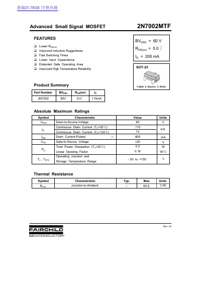 Fairchild Semiconductor 2N7002MTF Small Signal MOSFET Datasheet - cover page