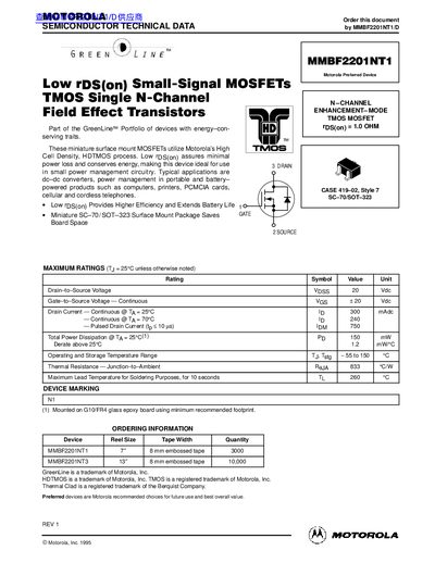 Motorola MMBF2201NT1 Small-Signal MOSFET Datasheet - cover page