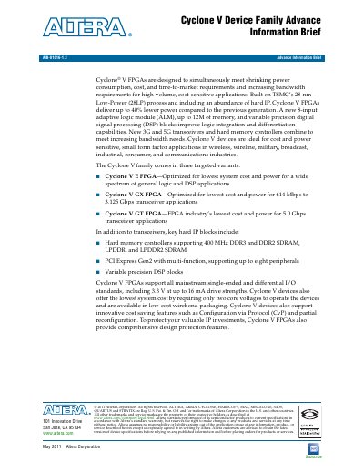 Altera Cyclone V FPGA Advance Information Brief - cover page