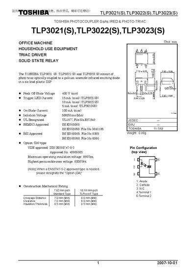 TOSHIBA TLP3021(S) TLP3022(S) TLP3023(S) Manual - cover page
