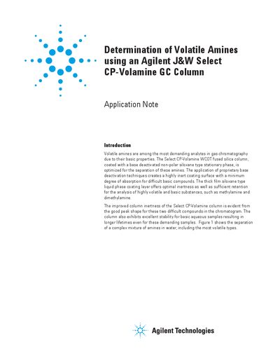 Agilent Select CP-Volamine GC Column Application Note for Volatile Amines - cover page