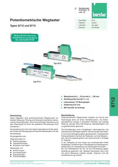Burster 8712/8713 Potentiometric Displacement Sensor Datasheet - cover page