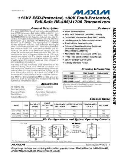 Maxim MAX13442E/MAX13443E/MAX13444E RS-485/J1708 Transceiver Datasheet - cover page