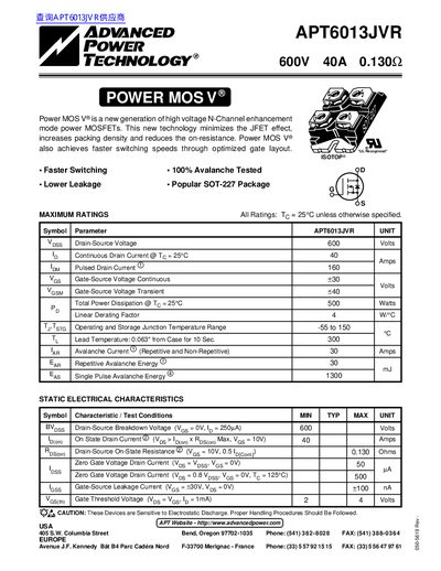 Advanced Power Technology APT6013JVR Power MOSFET Datasheet - cover page