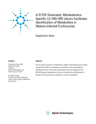 Agilent A-TOF Metabolomics LC/MS/MS Library Application Note - cover page