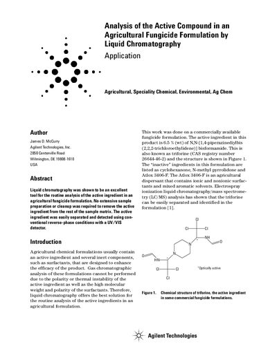Agilent Analysis of Active Compound in Agricultural Fungicide by LC Application Note - cover page