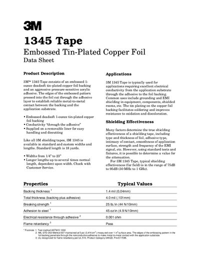 3M 1345 Tape Embossed Tin-Plated Copper Foil Data Sheet - cover page