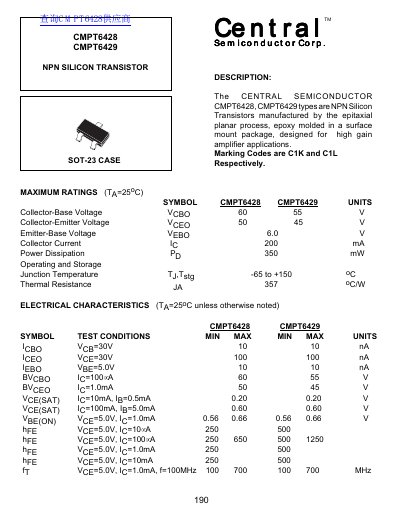 Central Semiconductor CMPT6428/CMPT6429 NPN Silicon Transistor Datasheet - cover page