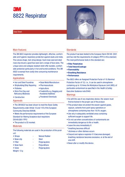 3M 8822 Respirator Data Sheet - cover page