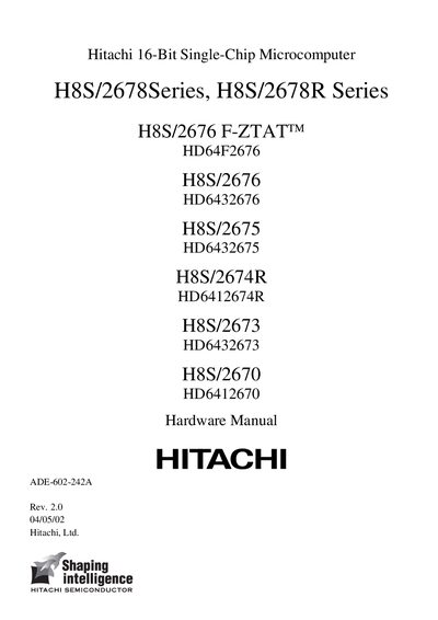 Hitachi 16-Bit Single-Chip Microcomputer H8S/2678Series H8S/2678R Series H8S/2676 F-ZTAT HD64F2676 H8S/2676 HD6432676 H8S/2675 HD6432675 H8S/2674R HD6412674R H8S/2673 HD6432673 H8S/2670 HD6412670 Ha
