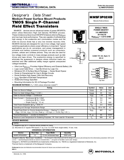 Motorola MMSF3P02HD P-Channel MOSFET Datasheet - cover page