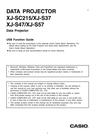 Casio XJ-SC215/XJ-S37/XJ-S47/XJ-S57 Data Projector USB Function Guide - cover page
