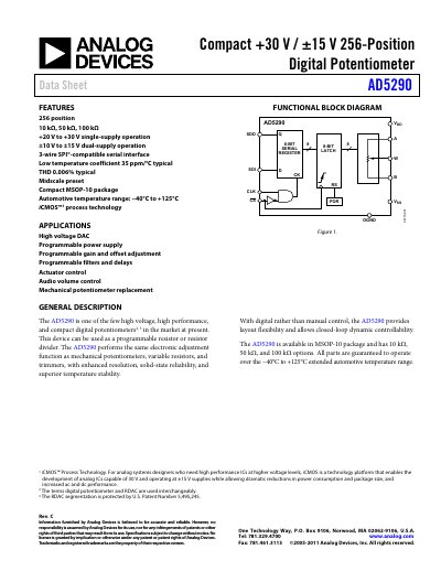 Analog Devices AD5290 Digital Potentiometer Datasheet - cover page