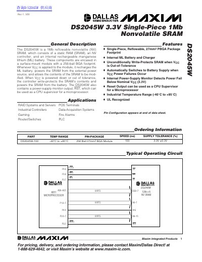 Maxim DS2045W 1Mb Nonvolatile SRAM Datasheet - cover page