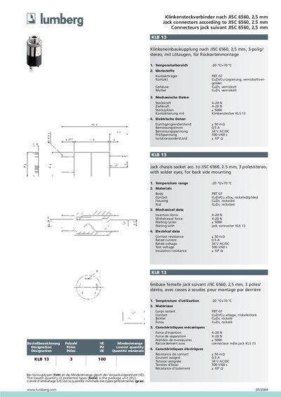 LUMBERG Klinkensteckverbinder nach JISC 6560 2 5 mm Jack connectors according to JISC 6560 2.5 mm Connecteurs jack suivant JISC 6560 2 5mm DATA SHEET - cover page